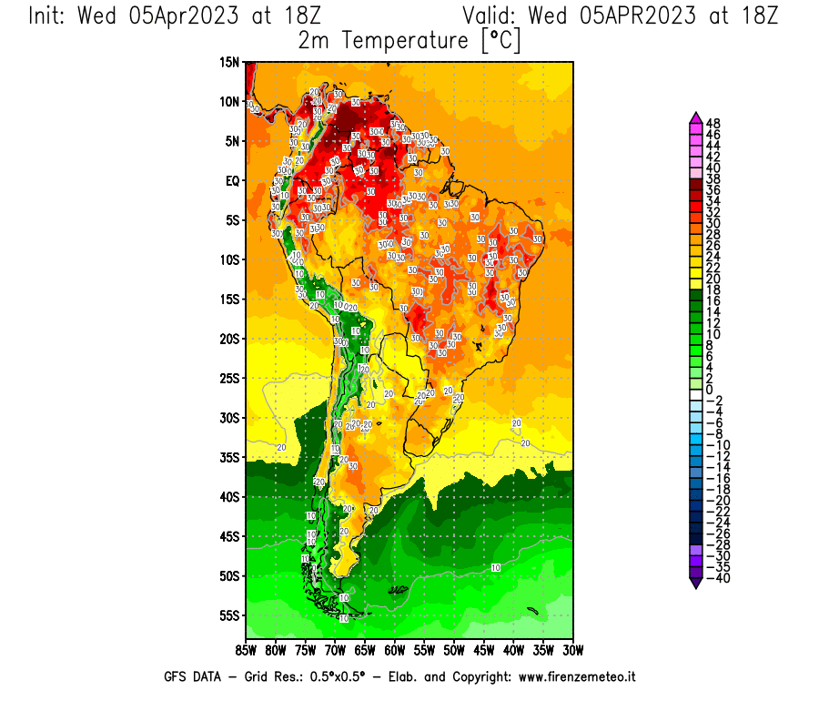 GFS analysi map - Temperature at 2 m above ground [°C] in South America
									on 05/04/2023 18 <!--googleoff: index-->UTC<!--googleon: index-->