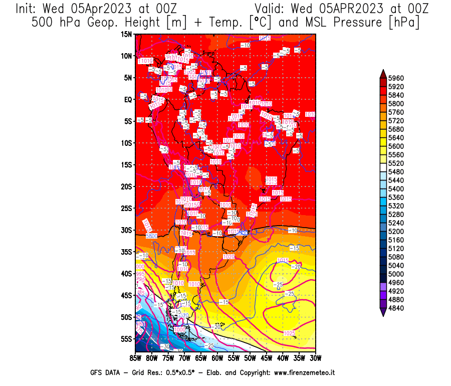 GFS analysi map - Geopotential [m] + Temp. [°C] at 500 hPa + Sea Level Pressure [hPa] in South America
									on 05/04/2023 00 <!--googleoff: index-->UTC<!--googleon: index-->