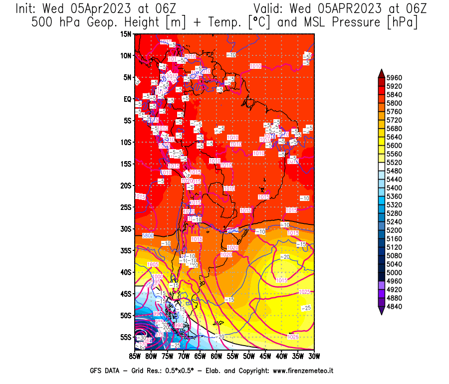 GFS analysi map - Geopotential [m] + Temp. [°C] at 500 hPa + Sea Level Pressure [hPa] in South America
									on 05/04/2023 06 <!--googleoff: index-->UTC<!--googleon: index-->