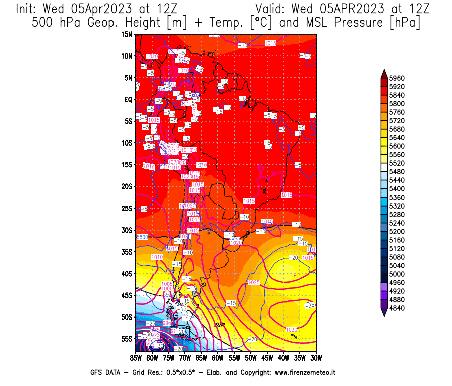 GFS analysi map - Geopotential [m] + Temp. [°C] at 500 hPa + Sea Level Pressure [hPa] in South America
									on 05/04/2023 12 <!--googleoff: index-->UTC<!--googleon: index-->