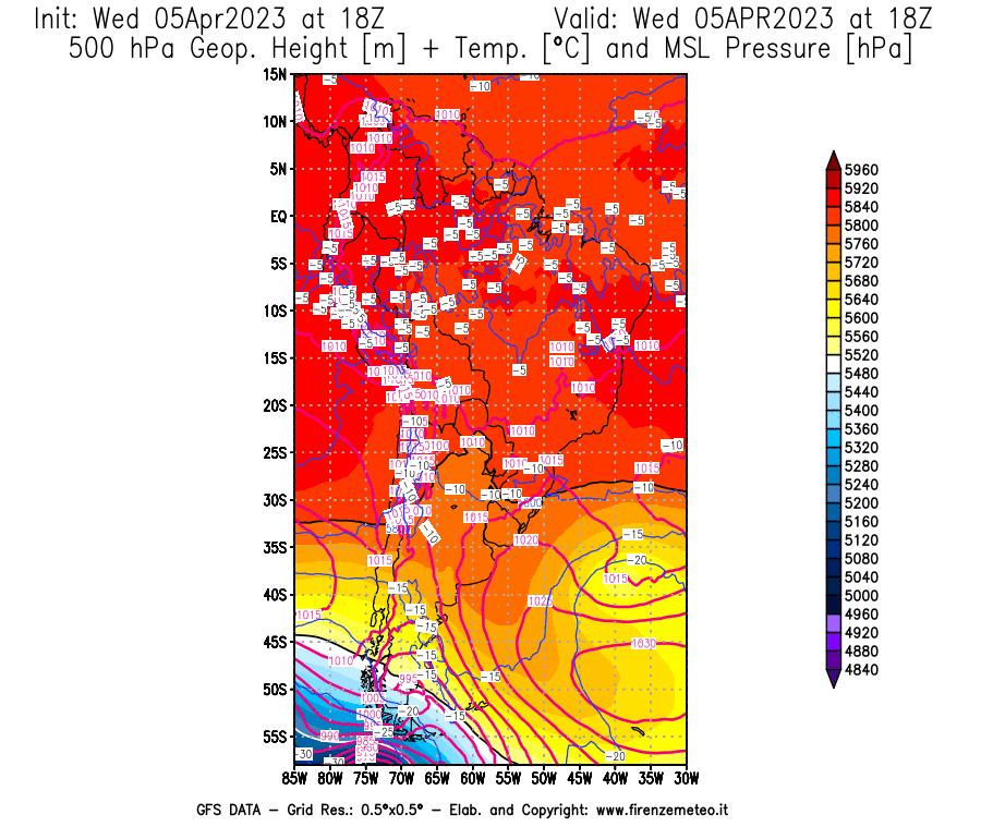 GFS analysi map - Geopotential [m] + Temp. [°C] at 500 hPa + Sea Level Pressure [hPa] in South America
									on 05/04/2023 18 <!--googleoff: index-->UTC<!--googleon: index-->