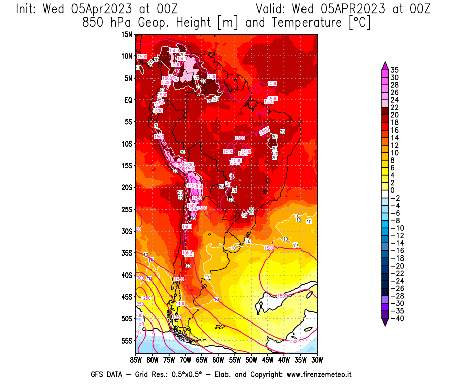 GFS analysi map - Geopotential [m] and Temperature [°C] at 850 hPa in South America
									on 05/04/2023 00 <!--googleoff: index-->UTC<!--googleon: index-->