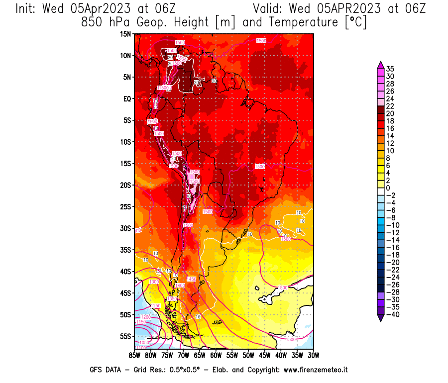 GFS analysi map - Geopotential [m] and Temperature [°C] at 850 hPa in South America
									on 05/04/2023 06 <!--googleoff: index-->UTC<!--googleon: index-->