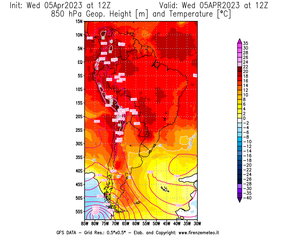GFS analysi map - Geopotential [m] and Temperature [°C] at 850 hPa in South America
									on 05/04/2023 12 <!--googleoff: index-->UTC<!--googleon: index-->