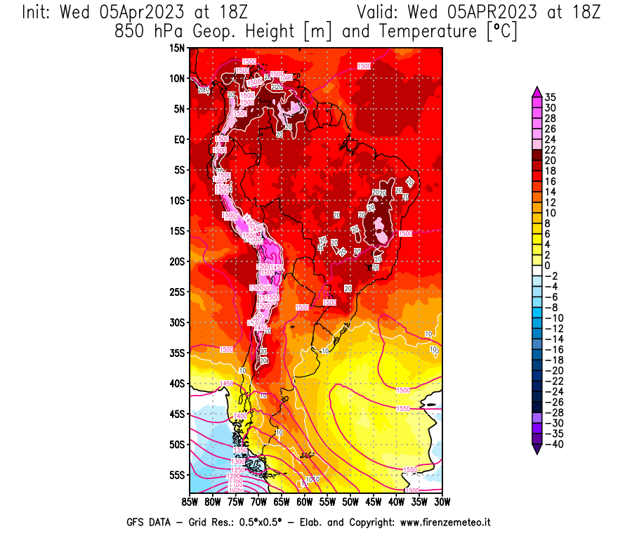 GFS analysi map - Geopotential [m] and Temperature [°C] at 850 hPa in South America
									on 05/04/2023 18 <!--googleoff: index-->UTC<!--googleon: index-->