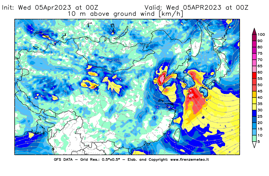 GFS analysi map - Wind Speed at 10 m above ground [km/h] in East Asia
									on 05/04/2023 00 <!--googleoff: index-->UTC<!--googleon: index-->