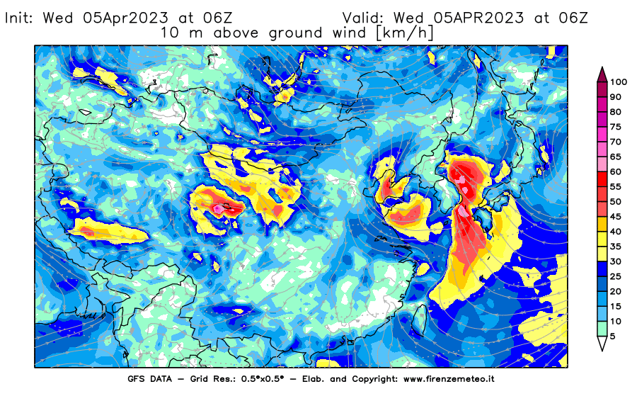 GFS analysi map - Wind Speed at 10 m above ground [km/h] in East Asia
									on 05/04/2023 06 <!--googleoff: index-->UTC<!--googleon: index-->