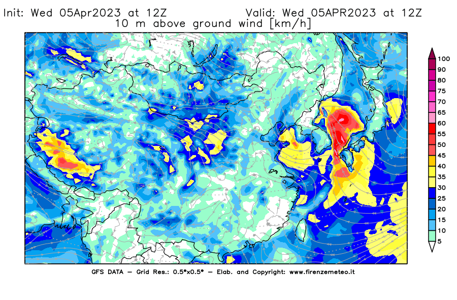 GFS analysi map - Wind Speed at 10 m above ground [km/h] in East Asia
									on 05/04/2023 12 <!--googleoff: index-->UTC<!--googleon: index-->