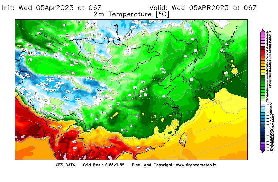 GFS analysi map - Temperature at 2 m above ground [°C] in East Asia
									on 05/04/2023 06 <!--googleoff: index-->UTC<!--googleon: index-->