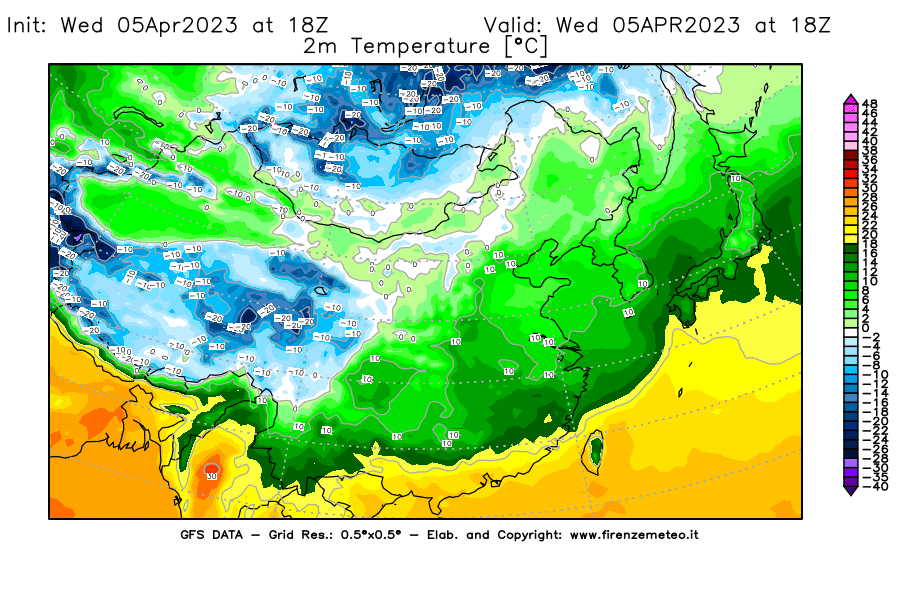 GFS analysi map - Temperature at 2 m above ground [°C] in East Asia
									on 05/04/2023 18 <!--googleoff: index-->UTC<!--googleon: index-->