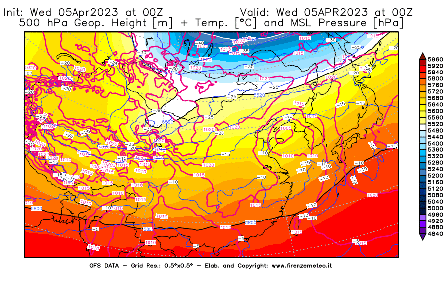 GFS analysi map - Geopotential [m] + Temp. [°C] at 500 hPa + Sea Level Pressure [hPa] in East Asia
									on 05/04/2023 00 <!--googleoff: index-->UTC<!--googleon: index-->