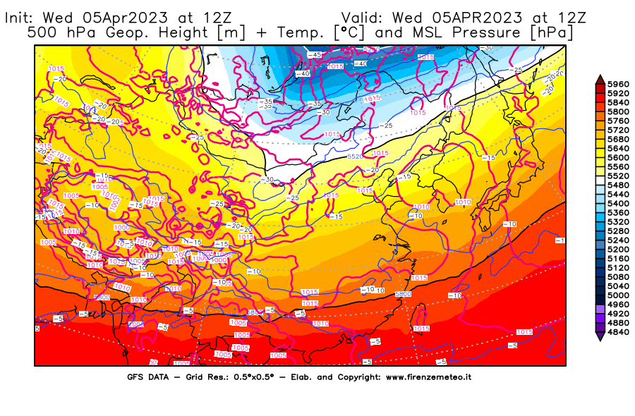 GFS analysi map - Geopotential [m] + Temp. [°C] at 500 hPa + Sea Level Pressure [hPa] in East Asia
									on 05/04/2023 12 <!--googleoff: index-->UTC<!--googleon: index-->