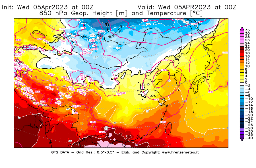 GFS analysi map - Geopotential [m] and Temperature [°C] at 850 hPa in East Asia
									on 05/04/2023 00 <!--googleoff: index-->UTC<!--googleon: index-->