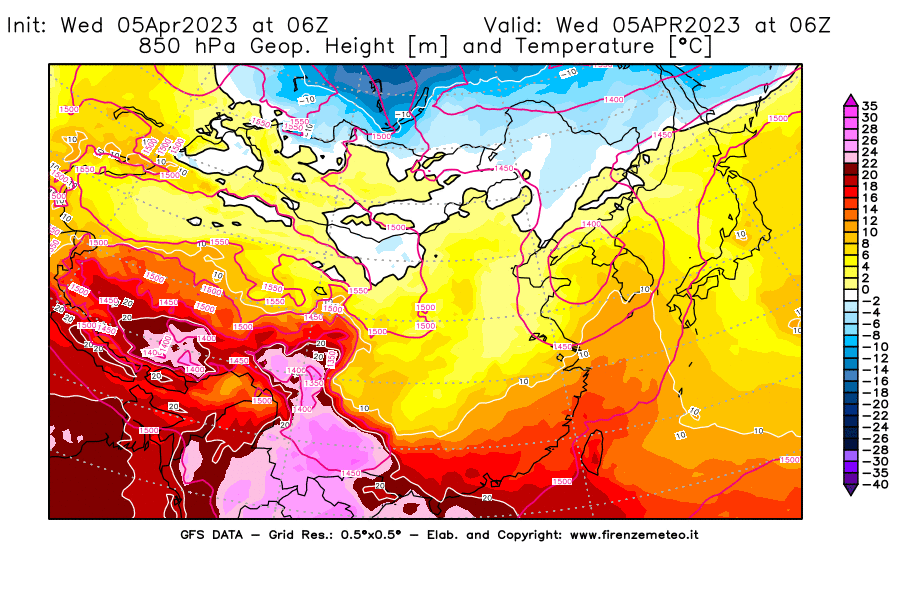 GFS analysi map - Geopotential [m] and Temperature [°C] at 850 hPa in East Asia
									on 05/04/2023 06 <!--googleoff: index-->UTC<!--googleon: index-->
