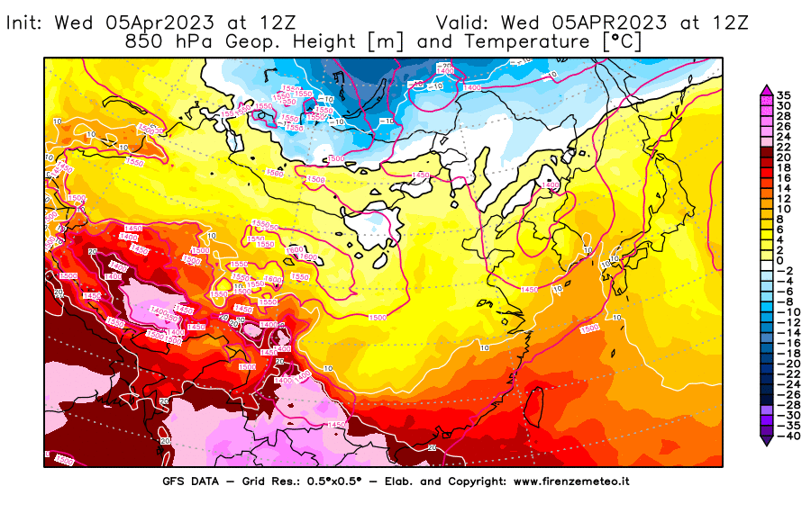 GFS analysi map - Geopotential [m] and Temperature [°C] at 850 hPa in East Asia
									on 05/04/2023 12 <!--googleoff: index-->UTC<!--googleon: index-->