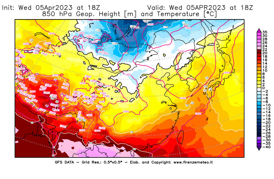 GFS analysi map - Geopotential [m] and Temperature [°C] at 850 hPa in East Asia
									on 05/04/2023 18 <!--googleoff: index-->UTC<!--googleon: index-->