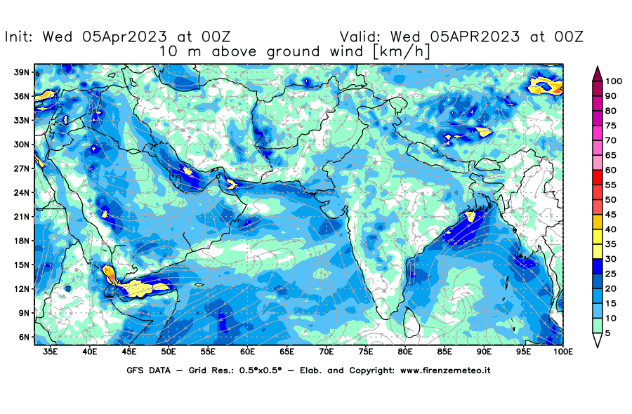 GFS analysi map - Wind Speed at 10 m above ground [km/h] in South West Asia 
									on 05/04/2023 00 <!--googleoff: index-->UTC<!--googleon: index-->