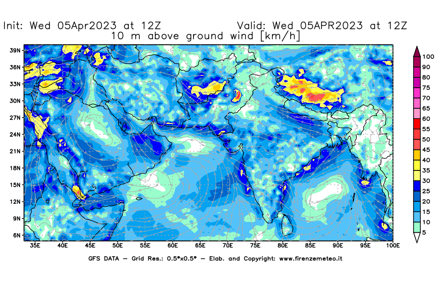 GFS analysi map - Wind Speed at 10 m above ground [km/h] in South West Asia 
									on 05/04/2023 12 <!--googleoff: index-->UTC<!--googleon: index-->