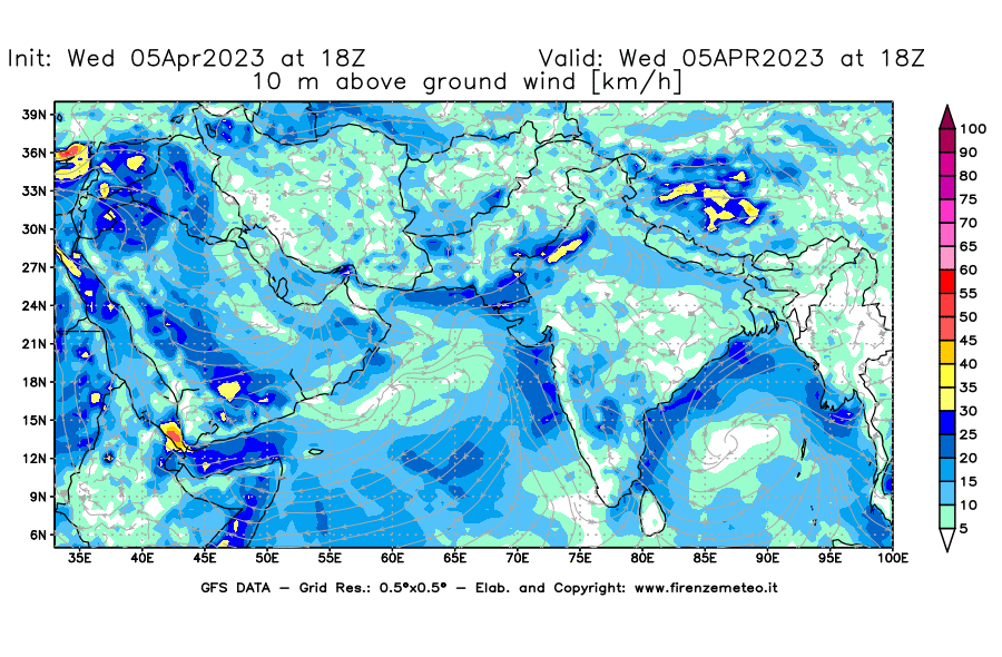 GFS analysi map - Wind Speed at 10 m above ground [km/h] in South West Asia 
									on 05/04/2023 18 <!--googleoff: index-->UTC<!--googleon: index-->