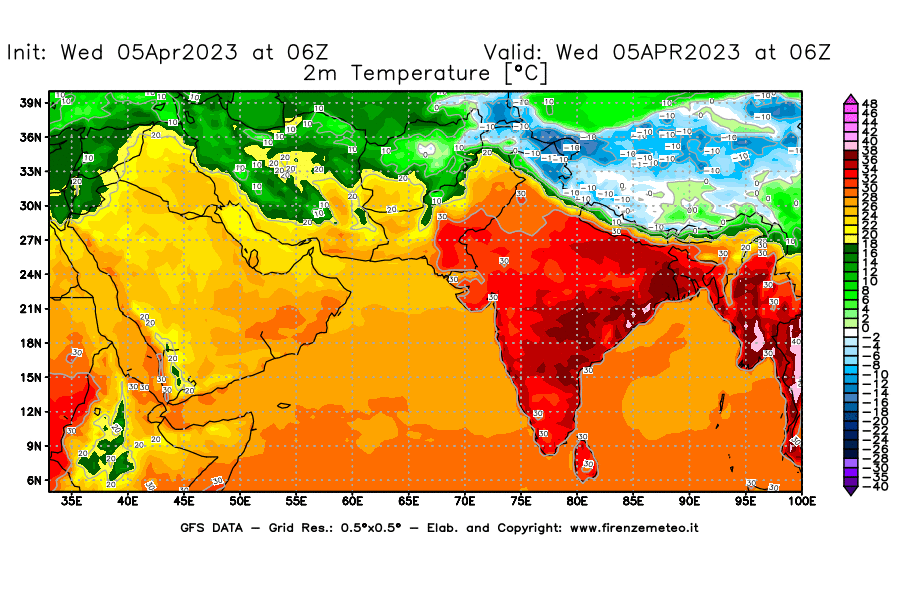 GFS analysi map - Temperature at 2 m above ground [°C] in South West Asia 
									on 05/04/2023 06 <!--googleoff: index-->UTC<!--googleon: index-->