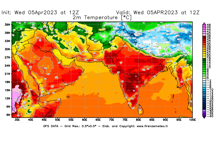 GFS analysi map - Temperature at 2 m above ground [°C] in South West Asia 
									on 05/04/2023 12 <!--googleoff: index-->UTC<!--googleon: index-->