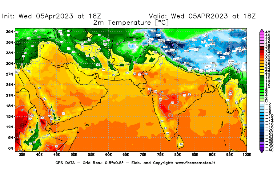 GFS analysi map - Temperature at 2 m above ground [°C] in South West Asia 
									on 05/04/2023 18 <!--googleoff: index-->UTC<!--googleon: index-->
