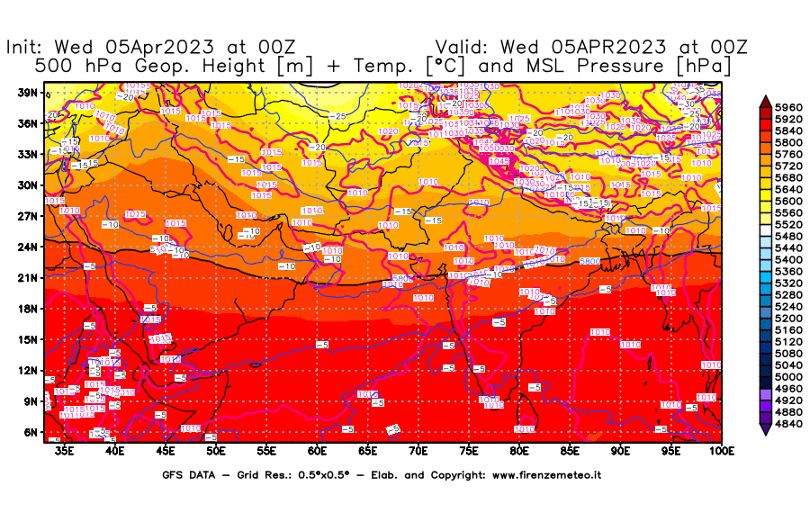 GFS analysi map - Geopotential [m] + Temp. [°C] at 500 hPa + Sea Level Pressure [hPa] in South West Asia 
									on 05/04/2023 00 <!--googleoff: index-->UTC<!--googleon: index-->