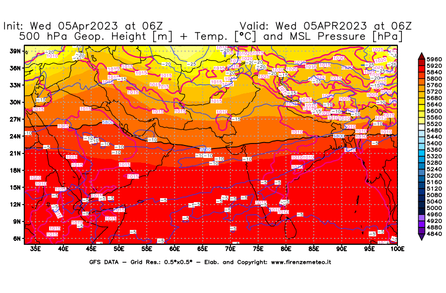 GFS analysi map - Geopotential [m] + Temp. [°C] at 500 hPa + Sea Level Pressure [hPa] in South West Asia 
									on 05/04/2023 06 <!--googleoff: index-->UTC<!--googleon: index-->