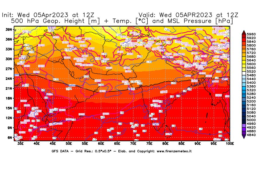GFS analysi map - Geopotential [m] + Temp. [°C] at 500 hPa + Sea Level Pressure [hPa] in South West Asia 
									on 05/04/2023 12 <!--googleoff: index-->UTC<!--googleon: index-->