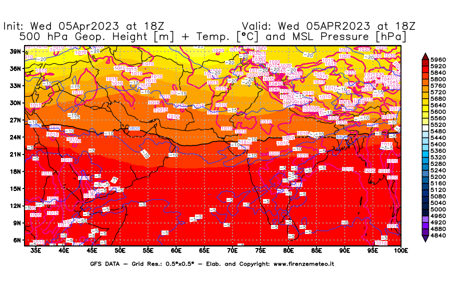 GFS analysi map - Geopotential [m] + Temp. [°C] at 500 hPa + Sea Level Pressure [hPa] in South West Asia 
									on 05/04/2023 18 <!--googleoff: index-->UTC<!--googleon: index-->