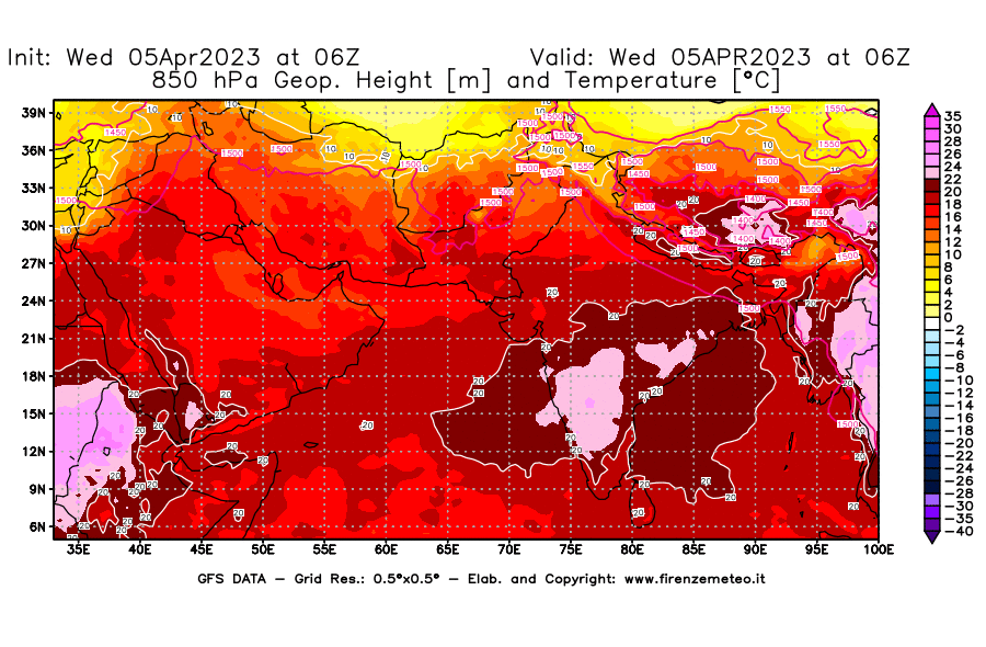 GFS analysi map - Geopotential [m] and Temperature [°C] at 850 hPa in South West Asia 
									on 05/04/2023 06 <!--googleoff: index-->UTC<!--googleon: index-->
