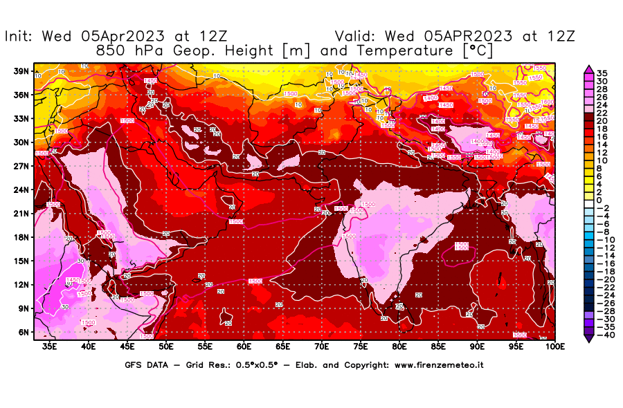 GFS analysi map - Geopotential [m] and Temperature [°C] at 850 hPa in South West Asia 
									on 05/04/2023 12 <!--googleoff: index-->UTC<!--googleon: index-->