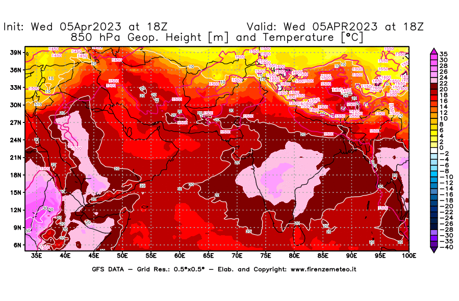 GFS analysi map - Geopotential [m] and Temperature [°C] at 850 hPa in South West Asia 
									on 05/04/2023 18 <!--googleoff: index-->UTC<!--googleon: index-->