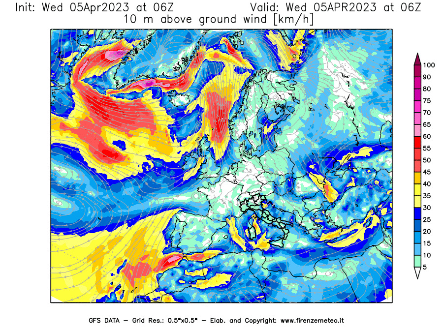 GFS analysi map - Wind Speed at 10 m above ground [km/h] in Europe
									on 05/04/2023 06 <!--googleoff: index-->UTC<!--googleon: index-->