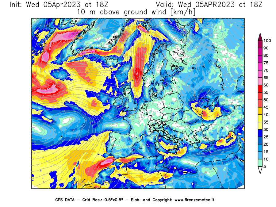 GFS analysi map - Wind Speed at 10 m above ground [km/h] in Europe
									on 05/04/2023 18 <!--googleoff: index-->UTC<!--googleon: index-->