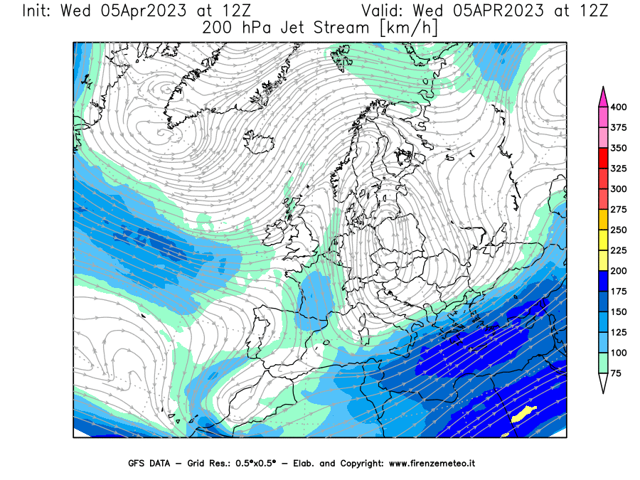 GFS analysi map - Jet Stream at 200 hPa in Europe
									on 05/04/2023 12 <!--googleoff: index-->UTC<!--googleon: index-->
