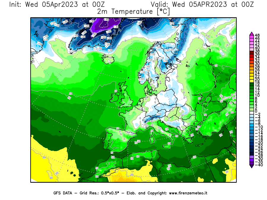 GFS analysi map - Temperature at 2 m above ground [°C] in Europe
									on 05/04/2023 00 <!--googleoff: index-->UTC<!--googleon: index-->