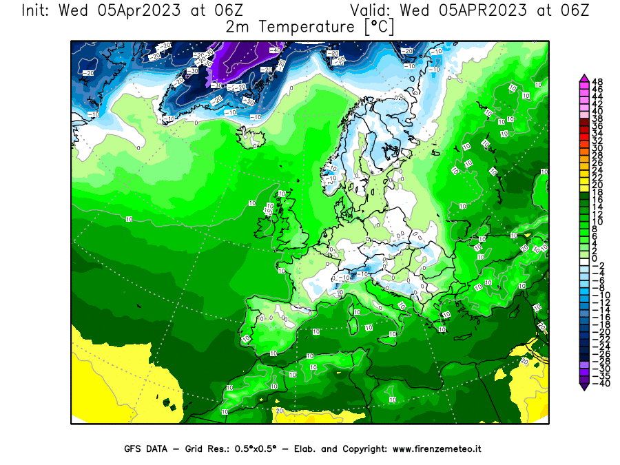 GFS analysi map - Temperature at 2 m above ground [°C] in Europe
									on 05/04/2023 06 <!--googleoff: index-->UTC<!--googleon: index-->