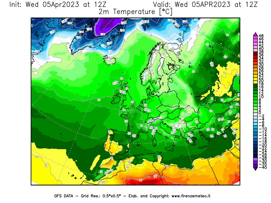 GFS analysi map - Temperature at 2 m above ground [°C] in Europe
									on 05/04/2023 12 <!--googleoff: index-->UTC<!--googleon: index-->