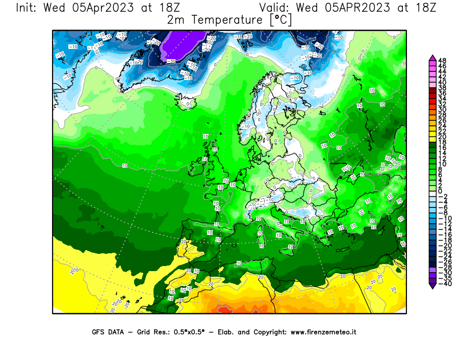GFS analysi map - Temperature at 2 m above ground [°C] in Europe
									on 05/04/2023 18 <!--googleoff: index-->UTC<!--googleon: index-->
