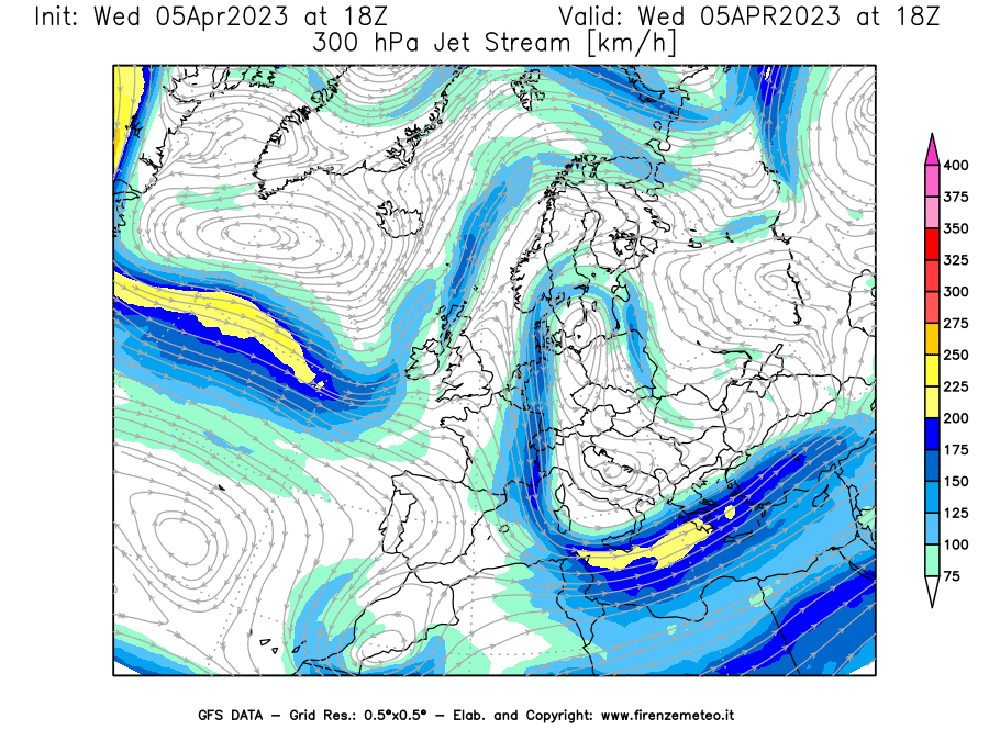 GFS analysi map - Jet Stream at 300 hPa in Europe
									on 05/04/2023 18 <!--googleoff: index-->UTC<!--googleon: index-->
