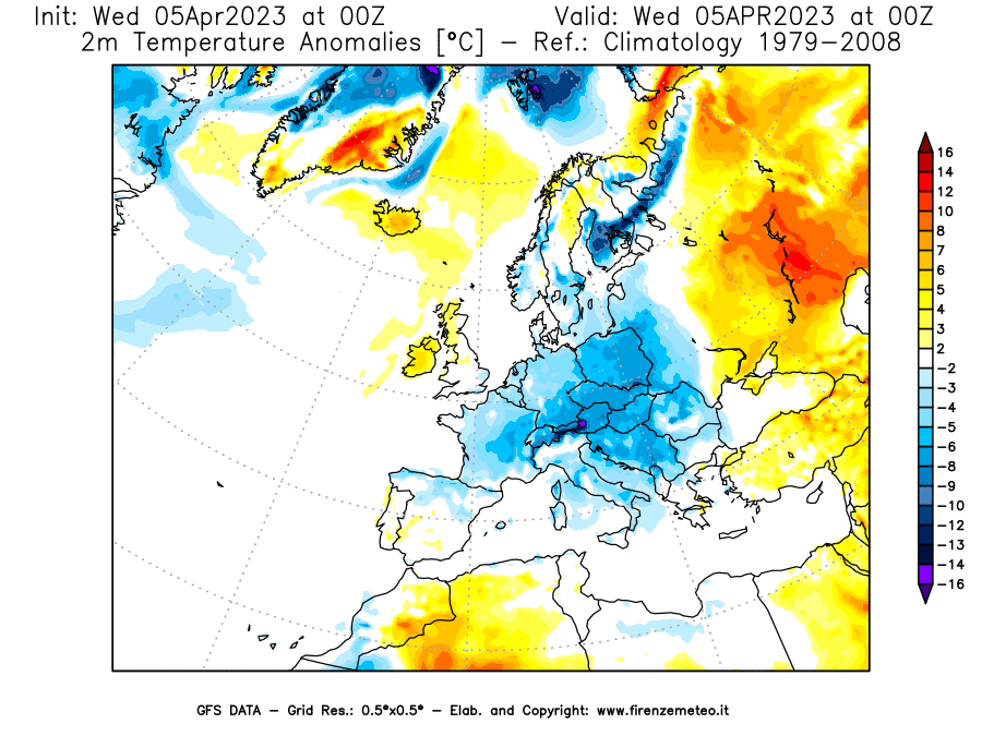 GFS analysi map - Temperature Anomalies [°C] at 2 m in Europe
									on 05/04/2023 00 <!--googleoff: index-->UTC<!--googleon: index-->