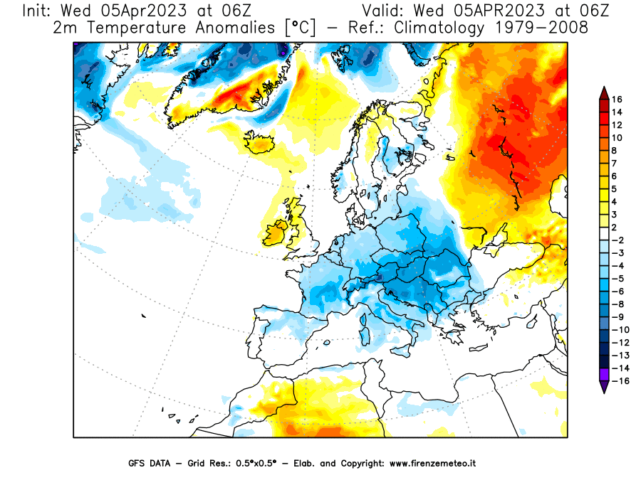 GFS analysi map - Temperature Anomalies [°C] at 2 m in Europe
									on 05/04/2023 06 <!--googleoff: index-->UTC<!--googleon: index-->
