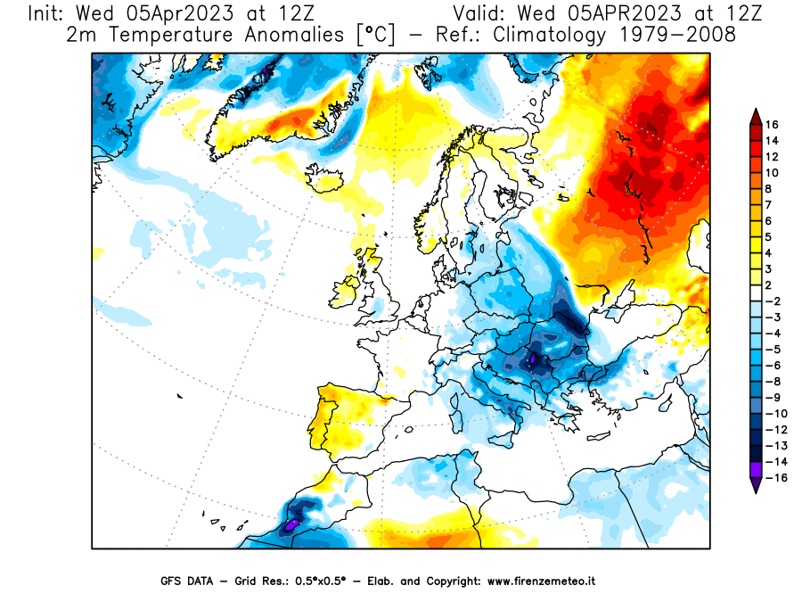 GFS analysi map - Temperature Anomalies [°C] at 2 m in Europe
									on 05/04/2023 12 <!--googleoff: index-->UTC<!--googleon: index-->