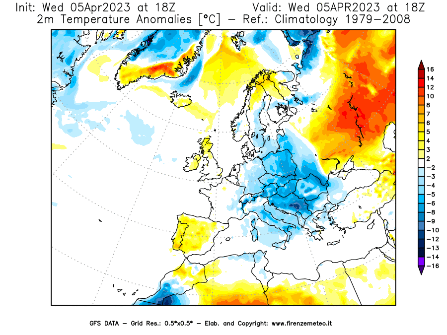 GFS analysi map - Temperature Anomalies [°C] at 2 m in Europe
									on 05/04/2023 18 <!--googleoff: index-->UTC<!--googleon: index-->