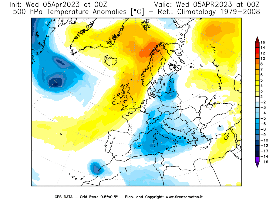 GFS analysi map - Temperature Anomalies [°C] at 500 hPa in Europe
									on 05/04/2023 00 <!--googleoff: index-->UTC<!--googleon: index-->