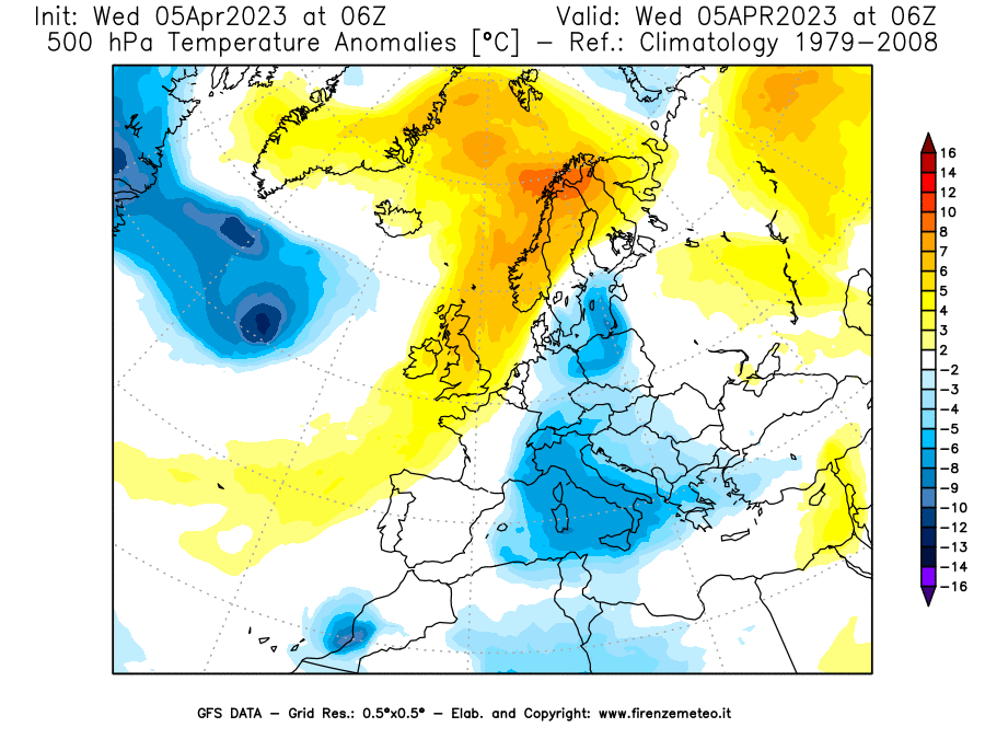 GFS analysi map - Temperature Anomalies [°C] at 500 hPa in Europe
									on 05/04/2023 06 <!--googleoff: index-->UTC<!--googleon: index-->