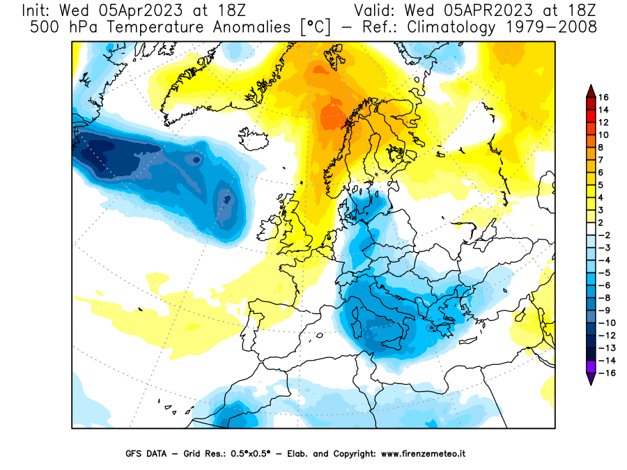 GFS analysi map - Temperature Anomalies [°C] at 500 hPa in Europe
									on 05/04/2023 18 <!--googleoff: index-->UTC<!--googleon: index-->