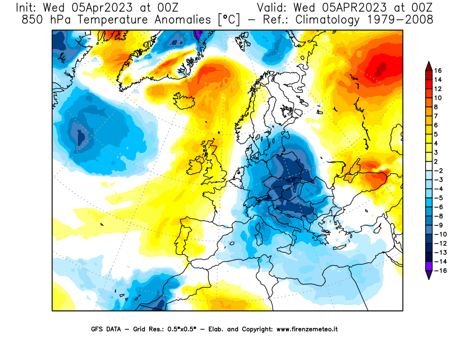 GFS analysi map - Temperature Anomalies [°C] at 850 hPa in Europe
									on 05/04/2023 00 <!--googleoff: index-->UTC<!--googleon: index-->