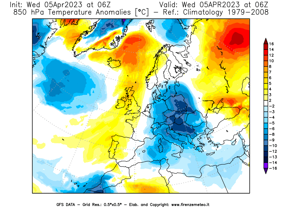 GFS analysi map - Temperature Anomalies [°C] at 850 hPa in Europe
									on 05/04/2023 06 <!--googleoff: index-->UTC<!--googleon: index-->